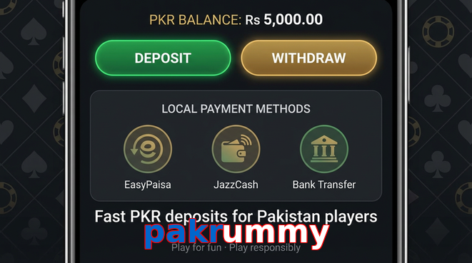 Deposit and withdrawal screen with PKR methods